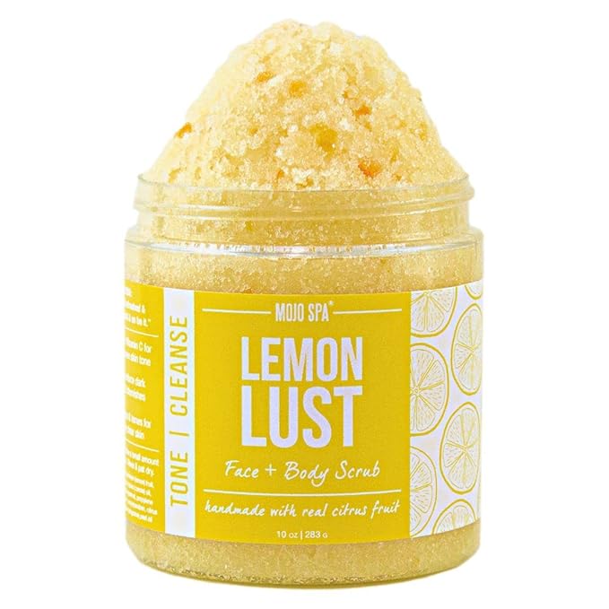 Mojo Spa Lemon Lust Face and Body Scrub | Lemon Citrus Scent | Moisturizing Sugar Based Exfoliator | 10 oz