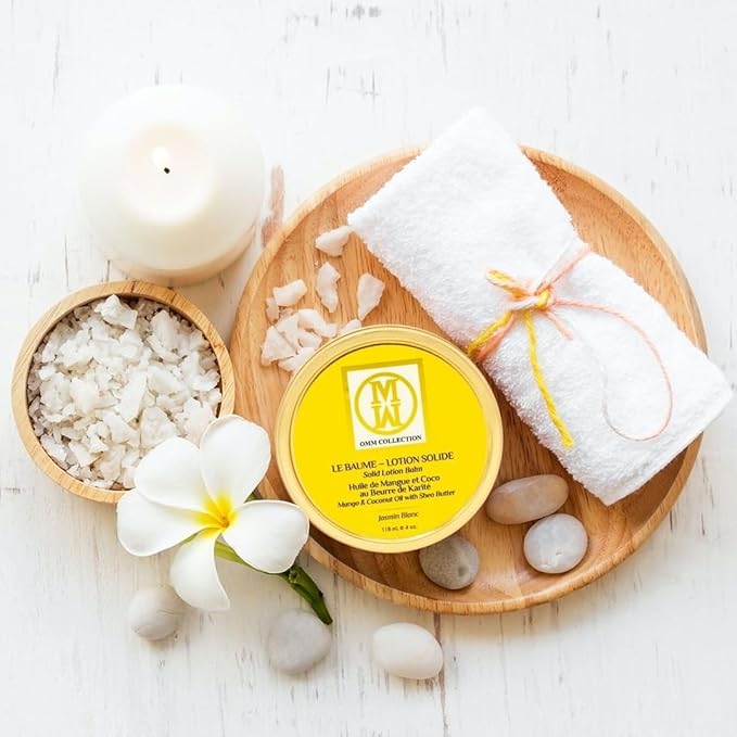 OMM Collection Solid Lotion Balm Natural Oils Mango, Shea, Cocoa coconut Butter-Rich Hydration-Heal & Sooth Rough, Dry, Irritated Skin-Jasmin Blanc (2oz)