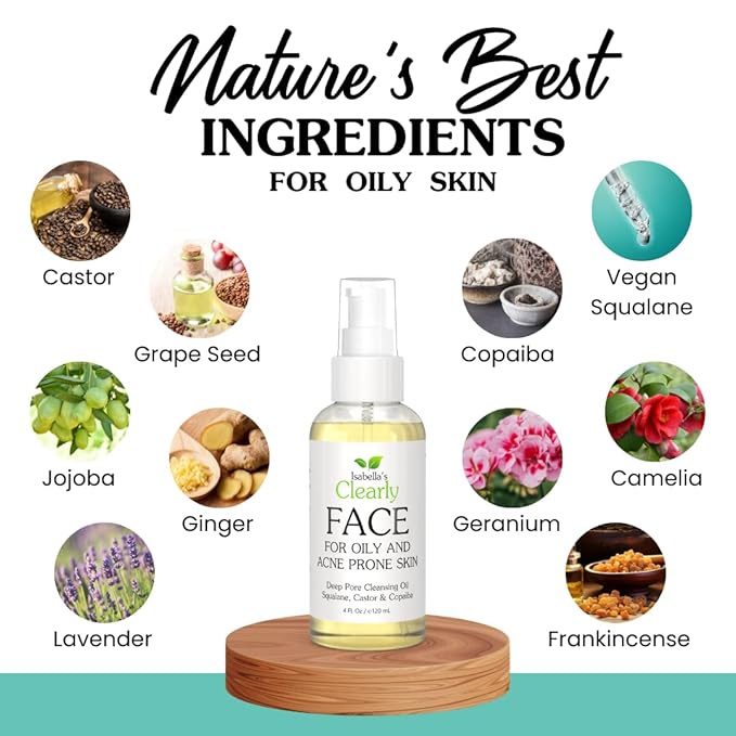 Isabella's Clearly FACE Balancing Cleansing Oil for Oily & Blemish-Prone Skin | Waterless Natural Facial Cleanser & Makeup Remover with Grapeseed & Vegan Squalane | Made in USA (4 Oz)