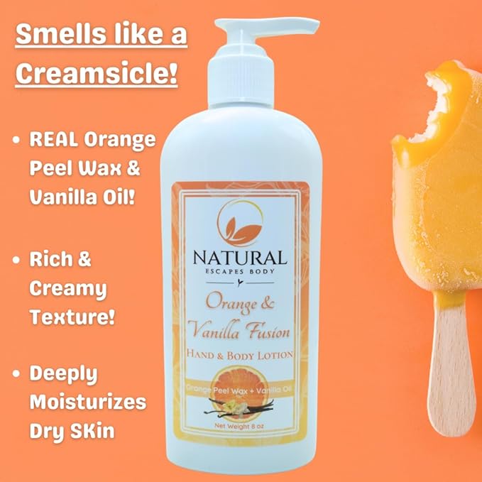 Natural Escapes Orange Vanilla Body Lotion for Dry Skin, Ceramide Hand & Body Moisturizer with Coconut Oil, Vitamin B5 & E, Hydrating Lotion, 8 Oz