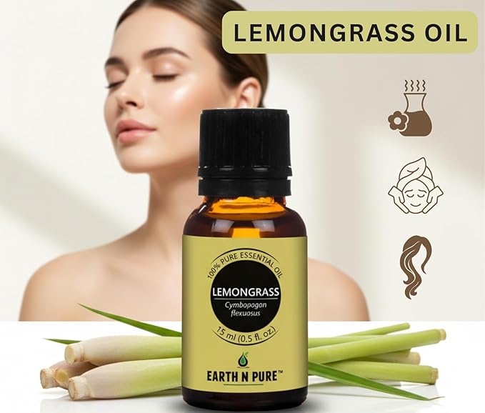 Earth N Pure Lemongrass Essential Oil | Steam Distilled | for Home Diffuser, Skin & Hair Care | with Glass Dropper - 50 ML