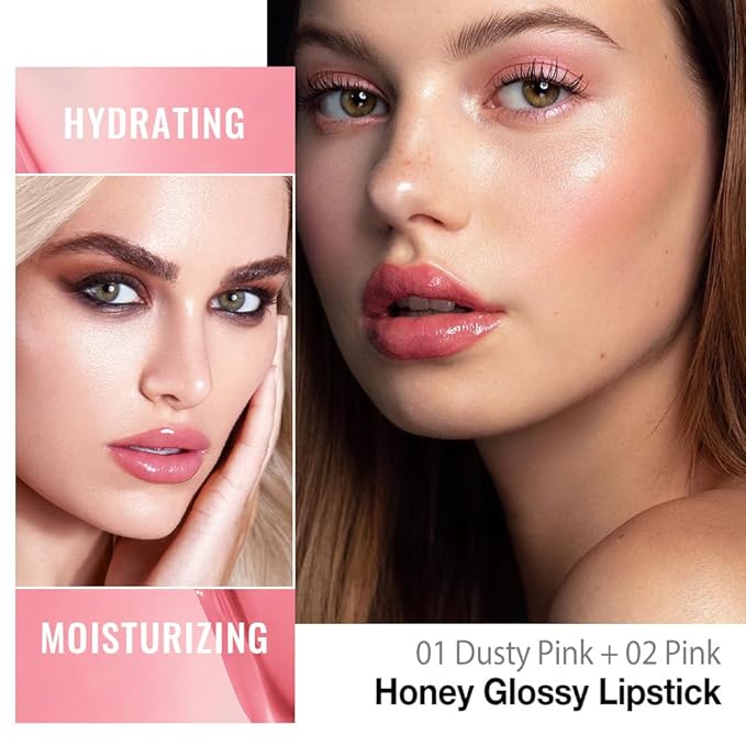Kaely 2Pcs Honey Lipstick Tinted Lip Balm, Hydrating Shine Lipstick for Women Dry Lips, Moisturizing Nourishing Glossy Lip Gloss Stain Makeup, Sheer Lightweight, Vegan, 01 Dusty Pink+02 Pink