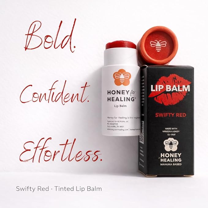 Manuka Honey Lip Balm 15+ UMF – Ultra-Hydrating Formula with Beeswax, Castor Oil & Organic Coconut Oil | 12+ Hour Moisture | Eco-Friendly Recyclable Tube | 0.25 oz / 7 g (Swifty Red)