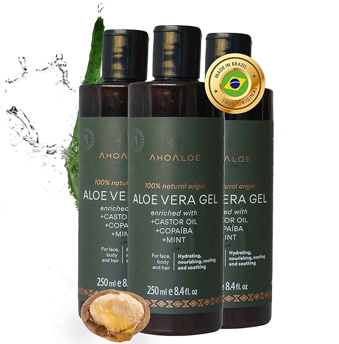 AHOALOE Pack of 3 Brazilian Aloe Vera Gel - Multipurpose Moisturizing Natural Gel with Copaiba, Castor Oil and Fresh Mint and Natural for Face, Skin and Hair - After Sun Care, Sunburn Relief 3x 8.4oz
