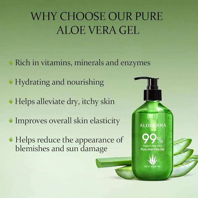 Aloderma Aloe Vera Gel Made within 12 Hours of Harvest with 99% Pure Organic Aloe Vera - Pump Bottle - Ideal for Face and Body, Soothing & Hydrating Sunburn Relief, Great for Scalp & Hair - 10.6oz