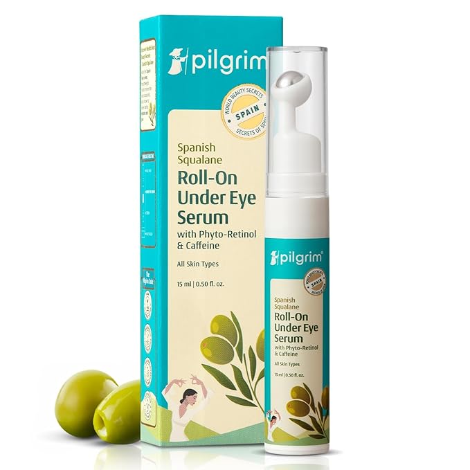 Pilgrim Squalane Roll On Under Eye Serum | Hydrating Eye Serum with Phyto Retinol & Caffeine | Reduces Dark Circles, Puffiness & Wrinkles | 0.50 Fl Oz (15ml)
