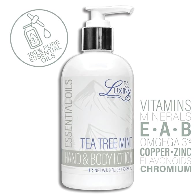 Luxiny Daily Vegan Hand & Body Lotion for Dry Skin,Made with Jojoba Oil & Vitamin E, USA Made, Non Greasy Phthalate/Sulfate/Paraben Free & Cruelty-Free Formula, 8 oz (8 oz, Tea Tree Mint)