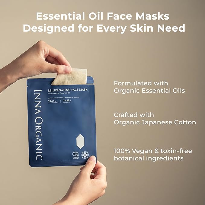 INNA ORGANIC Face Mask Set, Non Toxic Sheet Mask for Sensitive Skin, Anti-Aging & Hydrating, EWG & COSMOS Certified (Pack of 5) | First Pick Discovery Set | Essential oils infused