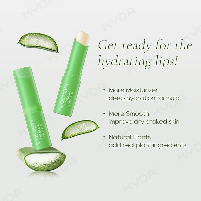 KYDA 3 Pcs Aloe Vera Lip Balm, Deep Hydrating Lip Balm, Reduce Fine Lines, Daily Lip Moisturizer for Dry Cracked Lips, with Real Aloe Vera, Colorless Finish