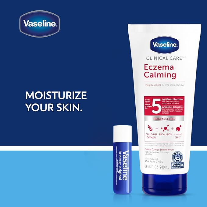 Vaseline Eczema Lotion, Calming Therapy Cream 2-Pack with Colloidal Oatmeal + Original Vaseline Lip Therapy for Dry Lips with Petroleum Jelly (3 Piece Set)