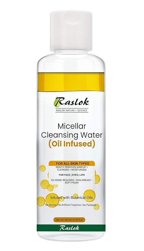 Raslok Micellar Cleansing Water (Oil Infused) – Gently Removes Makeup, Cleanses & Moisturizes – For Face, Eyes & Lips – Alcohol-Free, Paraben-Free – All Skin Types – 200ml / 6.76 fl.oz