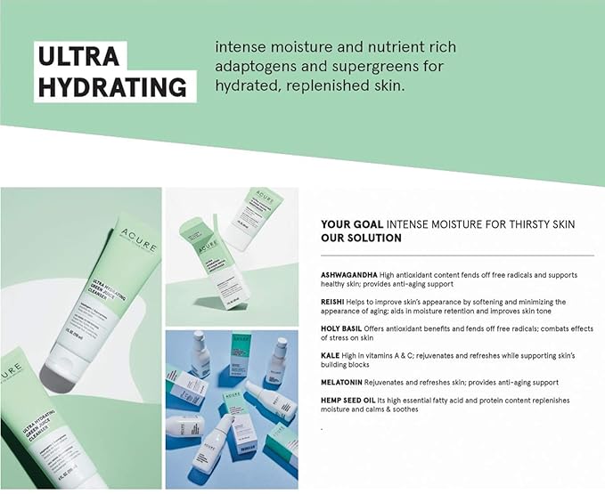 Acure Ultra Hydrating 12 Hour Facial Cream - Intense Face Moisturizer for Women & Men, Hydrating Lotion to Tone & Replenish Dry Skin with Ashwagandha, Holy Basil & Antioxidants, Vegan - 1.7 fl oz