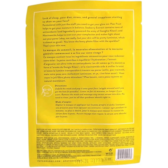 Patchology Moodmask Just Let It Glow Face Sheet Mask for Women & Men - Hydrating Facial Sheet Mask for Scarring, Clear & Healthy Skin w/Pear Fruit, Seaberry Extract & Niacinamide - Vegan (1 Count)