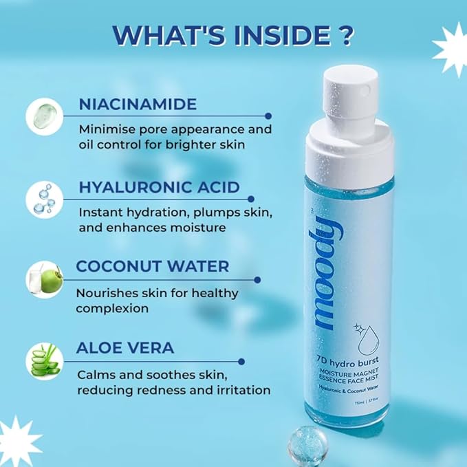 Moody 7D Hydro Burst Hydrating Face Mist & Toner with Hyaluronic & Coconut Water |Face Mist for Soothing and Pore Tightening |Alcohol-Free Toner for Glowing Skin |100% Vegan | 72 Hour Hydration,110ml