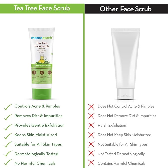Mamaearth Tea Tree & Neem Face Scrub for Skin Purification | Gently Exfoliates & Cleanses Dirt | Controls Acne & Excess Oil | Suits All Skin Types | 3.53 Oz (100 g)