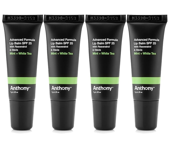 Anthony SPF 25 Lip Balm with Sunscreen for Lips 4-Pack, Contains Green Tea Extract Shea Butter and Vitamin E Moisturizing Repair Treatment for Chapped and Dry Lips Hydrates Protects and Nourishes Lips