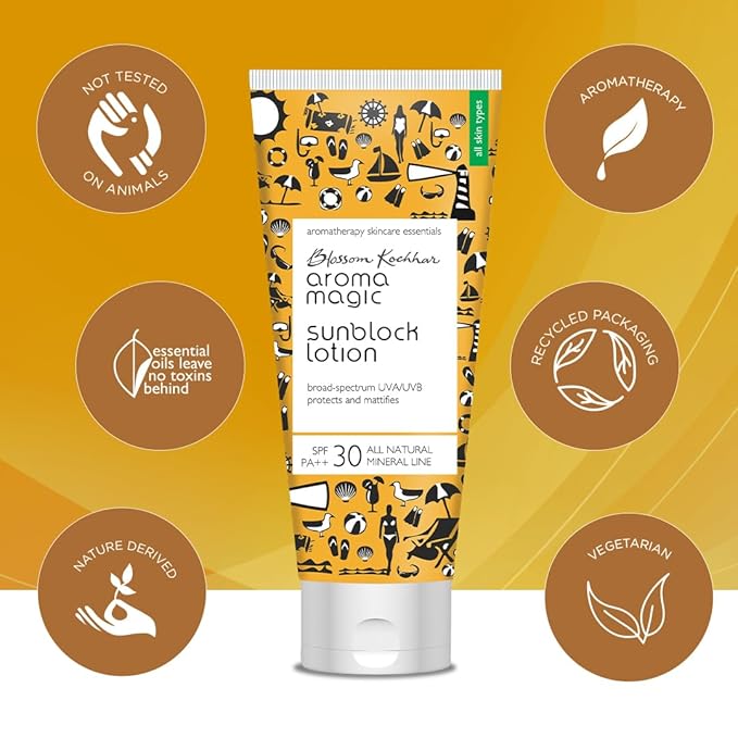 Aroma Magic Sunblock Sunscreen Lotion with SPF 30 | Broad Spectrum UVA/UVB Protection | Non-Nano Zinc Oxide Mineral Sunblock | 3.38 Fl Oz/100ml