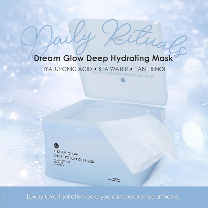 glowiest Dream Glow Deep Hydrating Sheet Mask (30 Count) – Hyaluronic Acid, Sea Water & Panthenol, Daily Moisture Mask for Dry & Dehydrated Skin, Korean Skincare, K-beauty