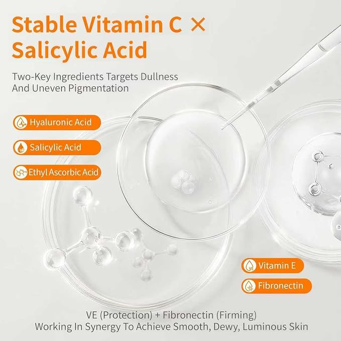 Vitamin C&E Serum for Face, With Hyaluronic Acid, Centella, BHA & Peptides, Gentle Brightening Dark Spot Skincare for Smooth Texture, Anti-Aging Booster for Fine Lines & Hydration, 1 Fl Oz