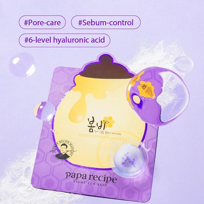Papa Recipe Bombee Pore Honey Sheet Mask 10 Sheets – Sensitive Skin Friendly, Pore Clarifying & Excess Sebum Control for Smooth & Refined Look, Korean Skincare Face Mask for Dry & Dull Skin