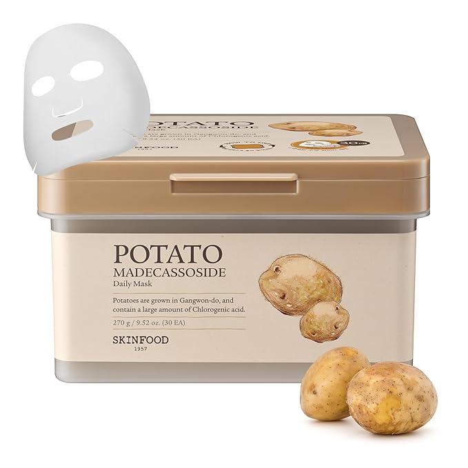 SKINFOOD Potato Madecassoside Daily Sheet Mask, Korean 5-Minute Quick Skincare Hack, Soothing & Skin Barrier Face Mask for Damaged Skin, Bulk Pack (30EA)