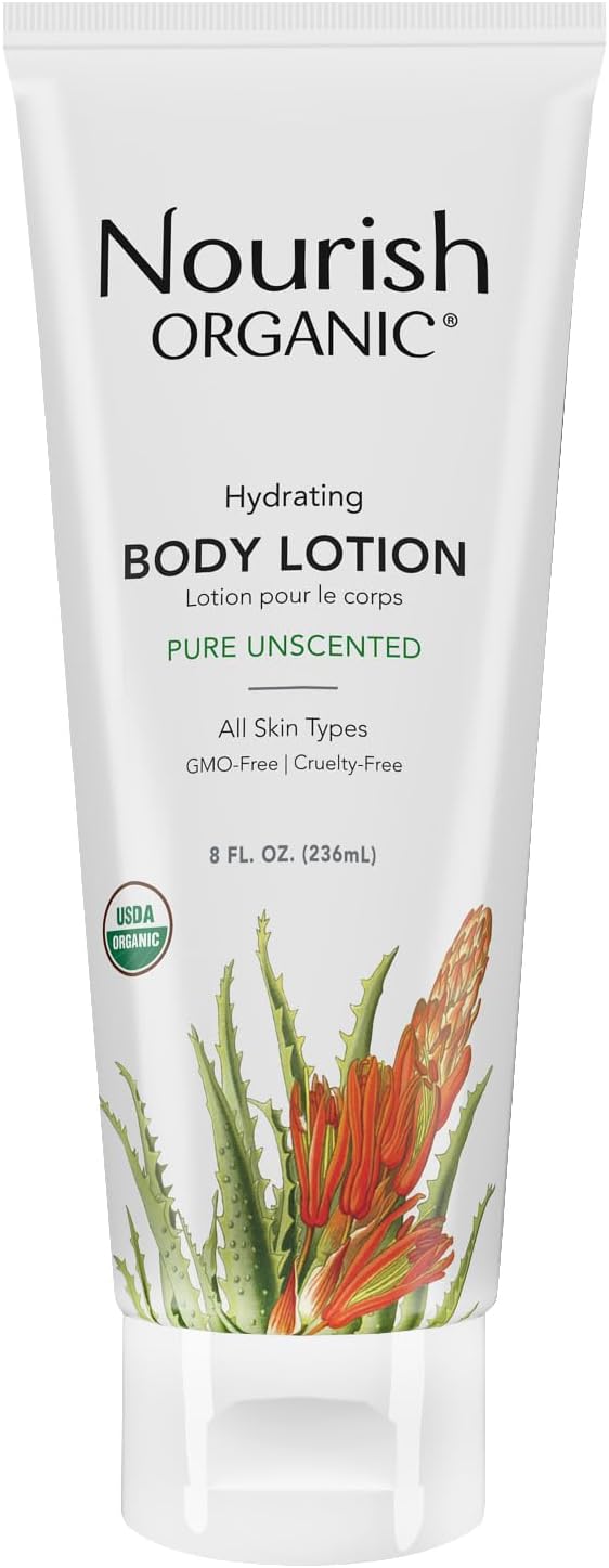 Nourish Organic Body Lotion, Unscented – Hydrating Body Lotion for Dry Skin with Certified Organic Aloe Vera, Shea Butter, Coconut Oil & Cocoa Butter + Washable Cotton Round (2 Piece Set)