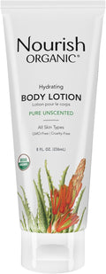 Nourish Organic Body Lotion, Unscented – Hydrating Body Lotion for Dry Skin with Certified Organic Aloe Vera, Shea Butter, Coconut Oil & Cocoa Butter + Washable Cotton Round (2 Piece Set)