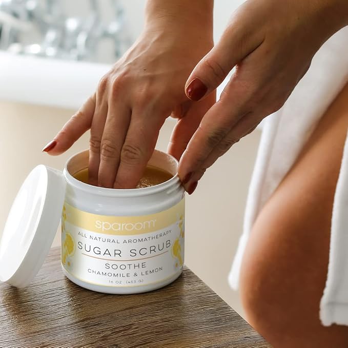 SpaRoom All Natural Aromatherapy Shea Butter and Raw Sugar Hydrating and Exfoliating Body Scrub, 16 oz, Soothe- Chamomile and Lemon Essential Oils