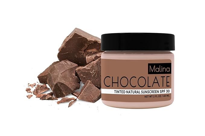 Malina™ Organic Chocolate Tinted Natural Sunscreen | SPF 30+ | Nontoxic | Reef-Safe | No Preservatives | No Synthetic Fragrance | 3 Shades | With Non-Nano Zinc-Oxide (0.5 Fl Oz, Light)