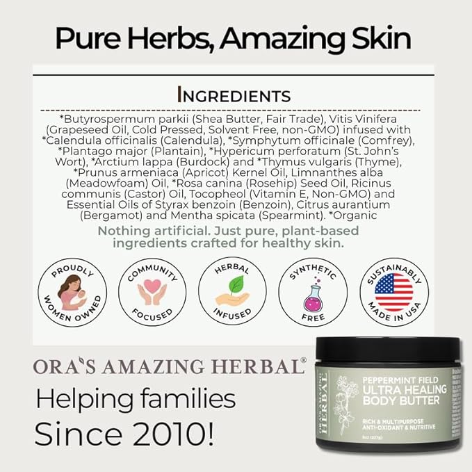 Ora's Amazing Herbal Ultra Healing Body Butter, Intensive Moisturizer For Dry Skin, Spearmint & Bergamot Essential Oil, 8 oz, Peppermint Field Scent