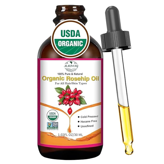 Organic Rosehip Seed Oil for Face, USDA Certified, Cold Pressed, Unrefined, 100% Pure Natural Rose Hip Oil for Anti-Aging, Acne Scar Treatment, Skin & Hair Care, Gua Sha Massage, 1 fl.oz / 30ml