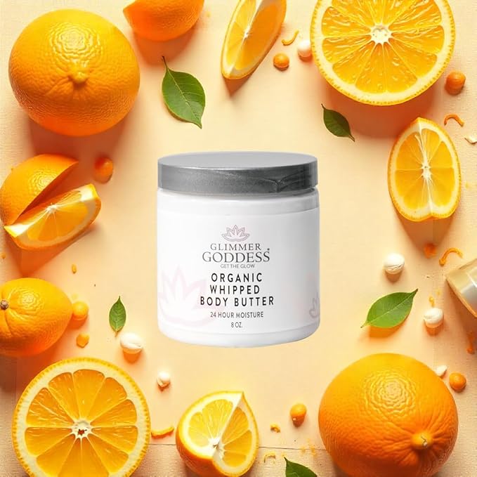 GLIMMER GODDESS Organic Whipped Body Butter, All-Natural Moisturizing, Anti-Aging & Brightening, Made with Organic Shea Butter, Coconut Oil, Cocoa Butter, Essential Oils, Citrus Crush