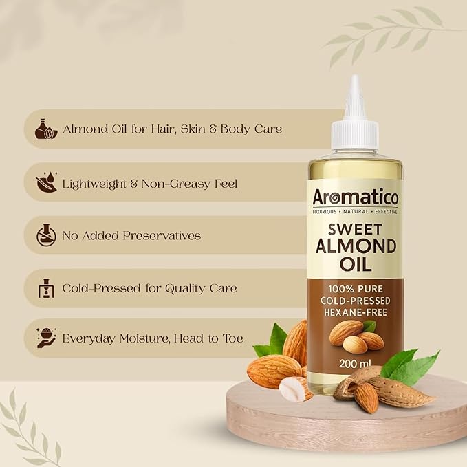 Aromatico Cold Pressed Sweet Almond Oil. Lightweight, Natural Moisturizing Oil for Hair, Skin & Body - 7 fl oz