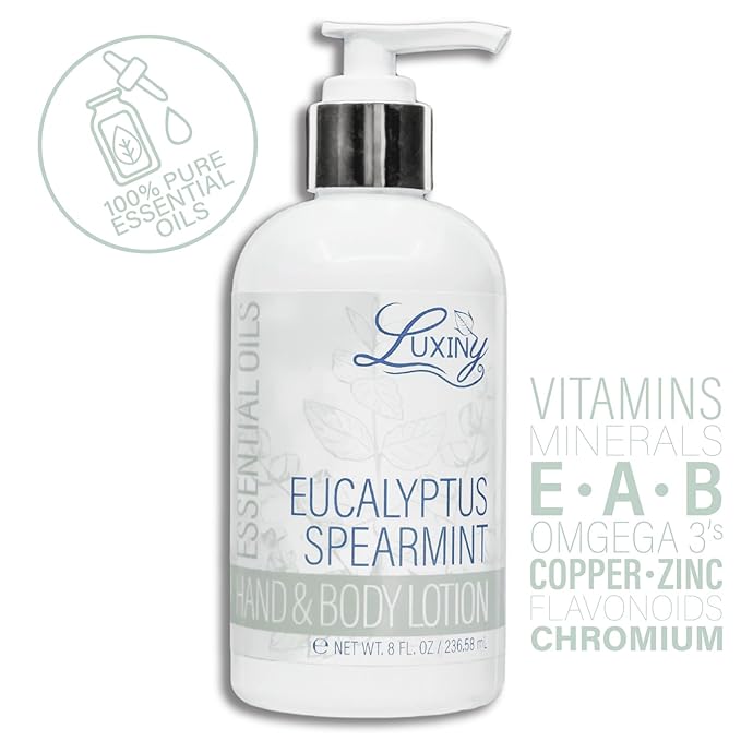 Luxiny Daily Vegan Hand & Body Lotion for Dry Skin,Made with Jojoba Oil & Vitamin E, USA Made, Non Greasy Phthalate/Sulfate/Paraben Free & Cruelty-Free Formula, 8 oz (8 oz, Eucalyptus Spearmint)