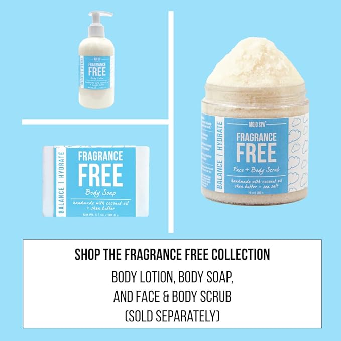 Mojo Spa Fragrance Free Face and Body Scrub | No Scent, Vegan Friendly | Moisturizing Sugar Based Exfoliator for Sensitive Skin | 10 oz