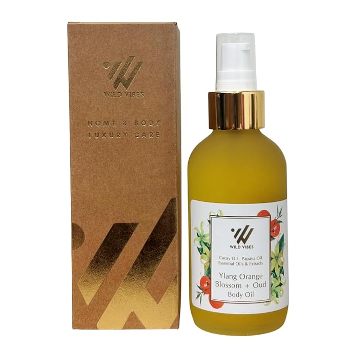 Wild Vibes Ylang Orange Blossom Body & Massage Oil - Hydrating Jojoba, Papaya Seed Oil, Vitamin E, Lupine Seed Extract for Collagen production – Nourishing Oil for all skin types 4oz