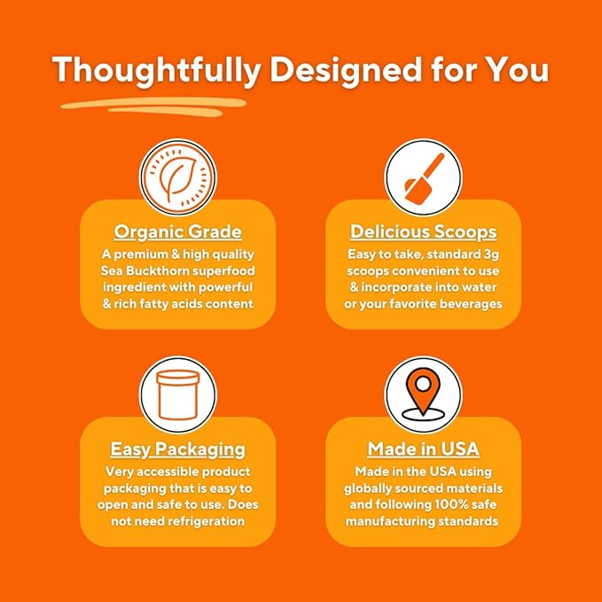 Organic Sea Buckthorn Extract Powder with Natural Omega 7 & Omega 3 6 9 for Heart Health, Skin, Immune Support - 100g Powder Supplement & 33 Day Supply - Non-GMO, Gluten-Free, Vegan-Friendly