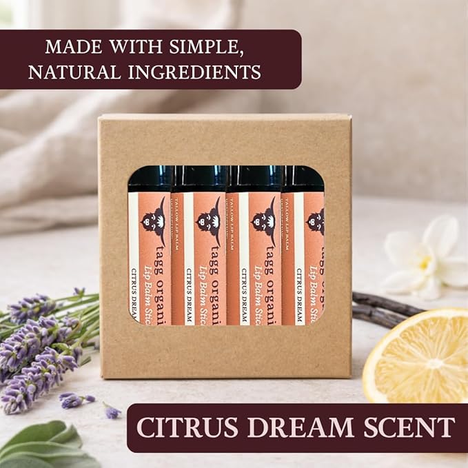 Citrus Deam Tallow Lip Balm – Moisturizing Lip Care with Grass-Fed Tallow, Natural Beeswax & Essential Oils, 4 Pack (.15 oz)
