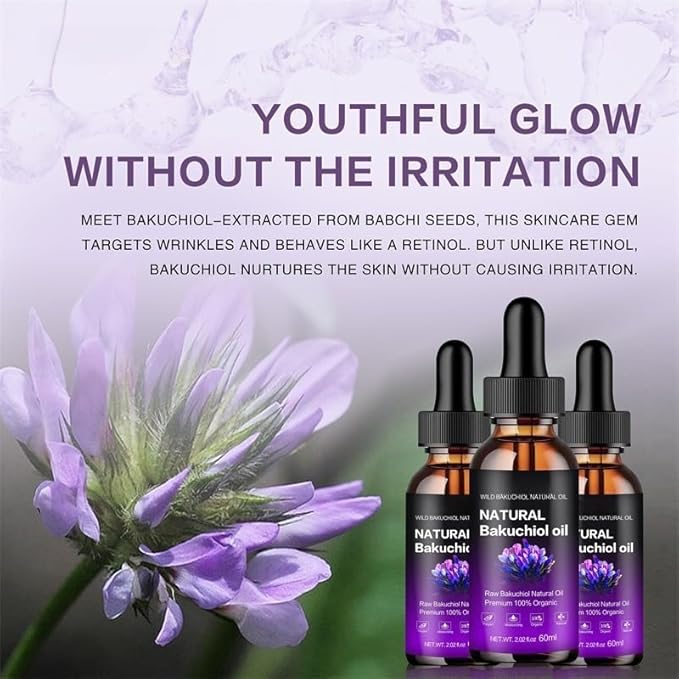 Natural Bakuchiol Oil, Premium 100% Organic Anti-Aging Facial Oil, 2.02 fl oz, for Sensitive, Aging, Acne-Prone Skin, Reduces Fine Lines, Improves Texture