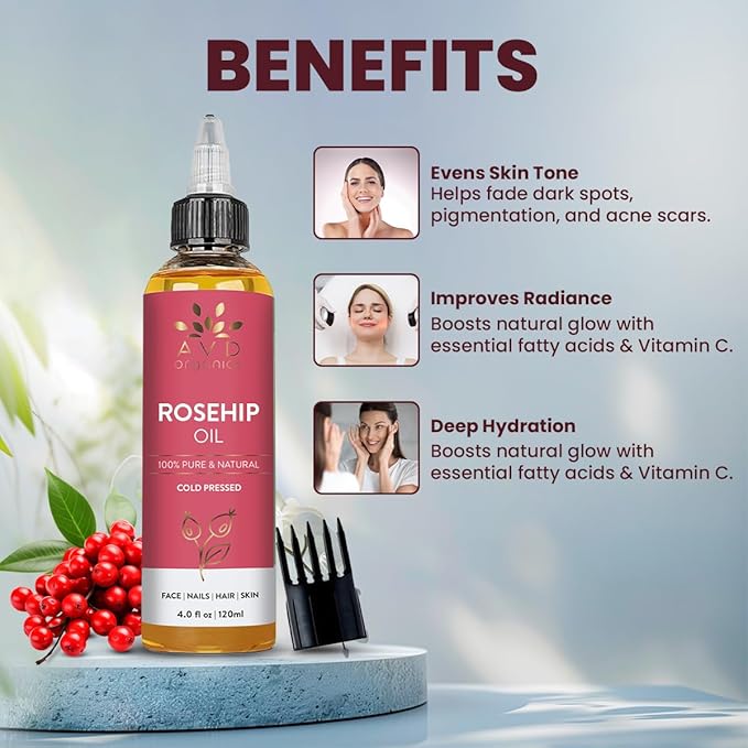 AVD ORGANICS Rosehip Oil for Face 120ml – 100% Pure, Cold-Pressed Huile de Rose Musquée | Rose hip Oil for Face, Skin, Hair, Scalp & Nails | Moisturizing for Daily Use (4.05 fl oz)