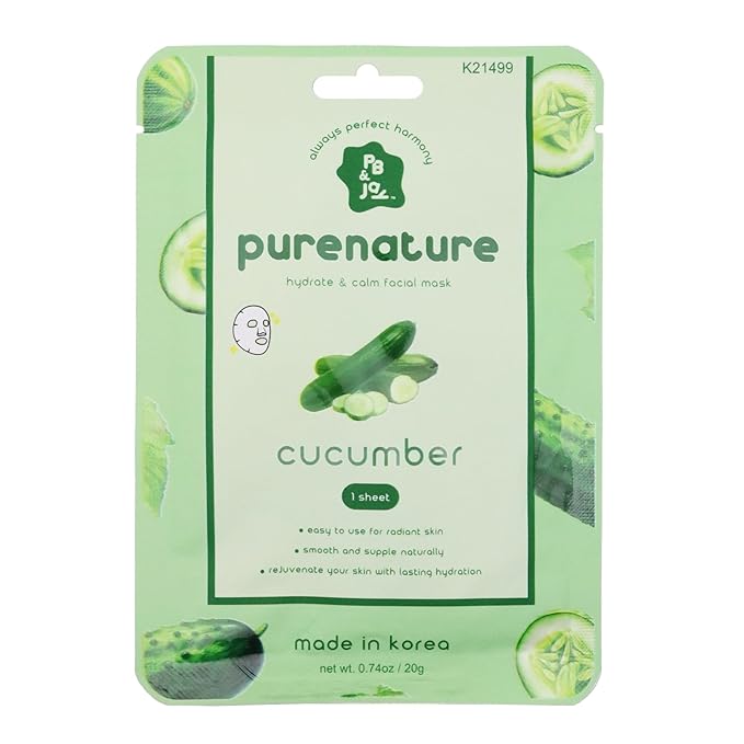 PB & JAY Purenature Facial Mask – Premium Quality Korean Sheet Mask for Dry Skin – Korean Collagen Essence Hydrating Facemask Sheet (Cucumber)