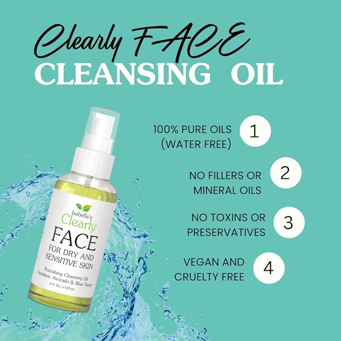 Isabella's Clearly FACE Balancing Cleansing Oil for Oily & Blemish-Prone Skin | Waterless Natural Facial Cleanser & Makeup Remover with Grapeseed & Vegan Squalane | Made in USA (4 Oz)