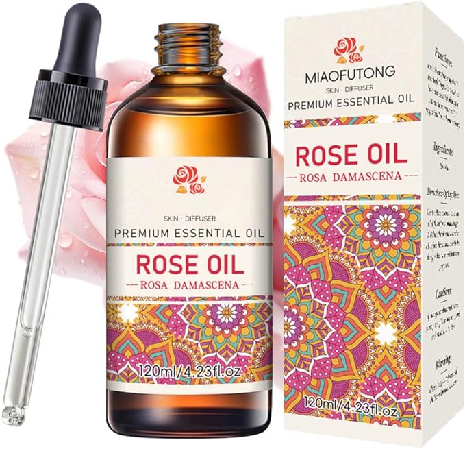 Rose Essential Oil Organic Rose Oil Essential Oils for Face, Hair, Nails, Body, Skin Care, Relaxation, Aromatherapy DIY, Diffuser, SPA Cleaning Massage, Aroma, Bath, Perfume Gift 120ml