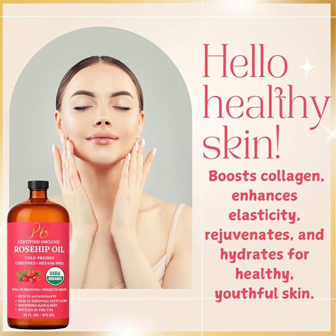 Rosehip Oil – USDA Organic 100% Pure, Cold-Pressed & Unrefined, Rosehip Oil for Face, Skin & Hair– Helps Reduce the Appearance of Fine Lines & Wrinkles – Rose Hip Seed Oil16 fl oz Glass Bottle