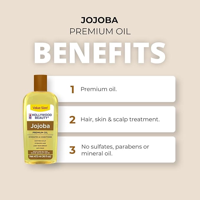Hollywood Beauty Jojoba Oil for Hair, Scalp, and Skin, VALUE SIZE 16 fl oz - Hydrates and Conditions