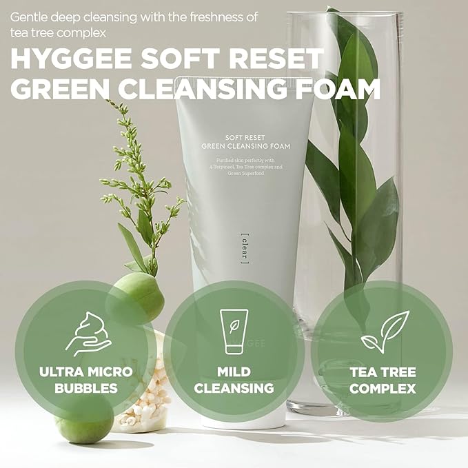 HYGGEE Soft Reset Green Cleansing Foam - Gentle Face Wash with Tea Tree Extract, Ultra Micro Bubbles Mild Facial Cleanser for Sensitive Skin - Soothes & Moisturizes Irritated, 5.07oz.