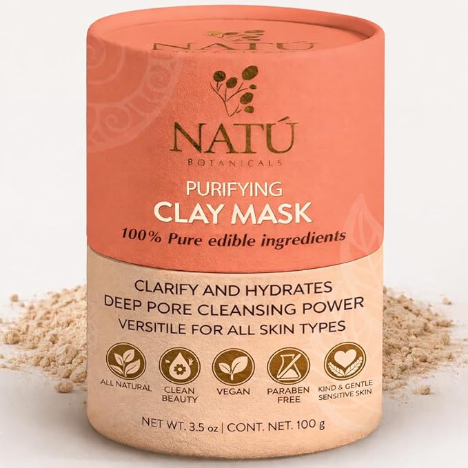 NATÚ BOTANICALS Purifying Bentonite Clay Mask – Clarifying Clay Mask for Face – Soothing & Softening Hydrating Face Mask for Oily and Combination Skin – Helps Tighten, Clarify & Refine Skin 3.5oz