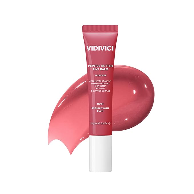 VIDIVICI Peptide Butter Tint Balm | 10 Color Variants, Moisturizing Lip Tint with Melting Peptide Complex™ & Sheer Tinted Glow - 06 PLUM VIBE (12g, 0.42Oz)