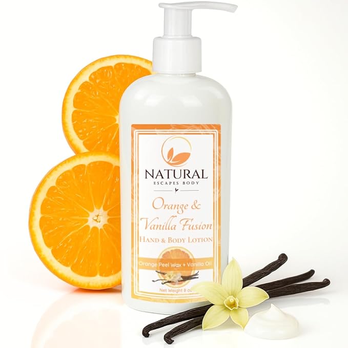 Natural Escapes Orange Vanilla Body Lotion for Dry Skin, Ceramide Hand & Body Moisturizer with Coconut Oil, Vitamin B5 & E, Hydrating Lotion, 8 Oz
