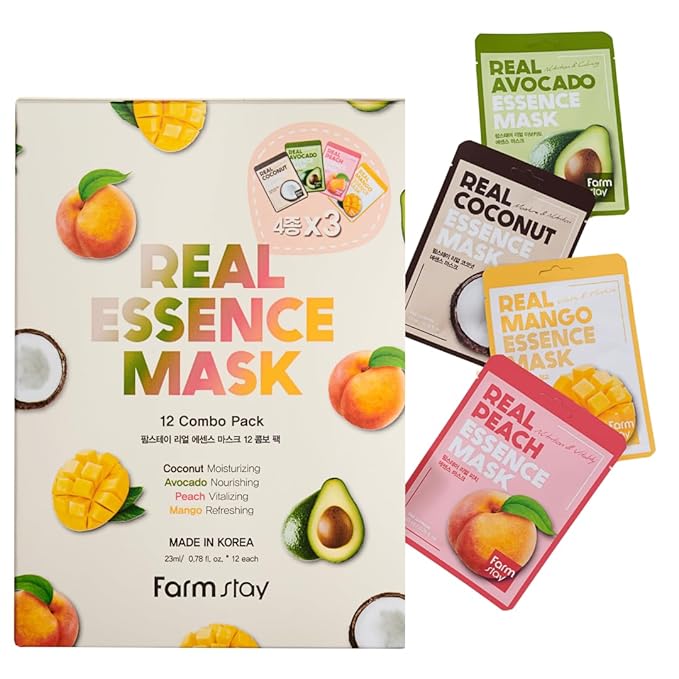 FARMSTAY Real Essence Facial Sheet 12Pack Korean Skincare Mask Combo,Hypoallergenic,Moisturizing,Nourishing,Vitalizing, Refreshing0.78 fl.oz.*12 ea (Coconut,Avocado,Peach,Mango)